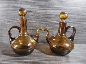 Vintage Pair Of Hand Blown Amber Glass Cruet With Pour Spout & Stoppers